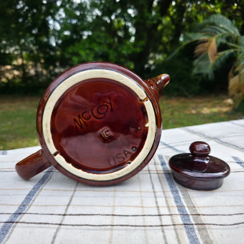 McCoy Pottery Tea Pot w/ Lid Brown Drip Line 1970s‎ MCM USA Vintage Cabincore
